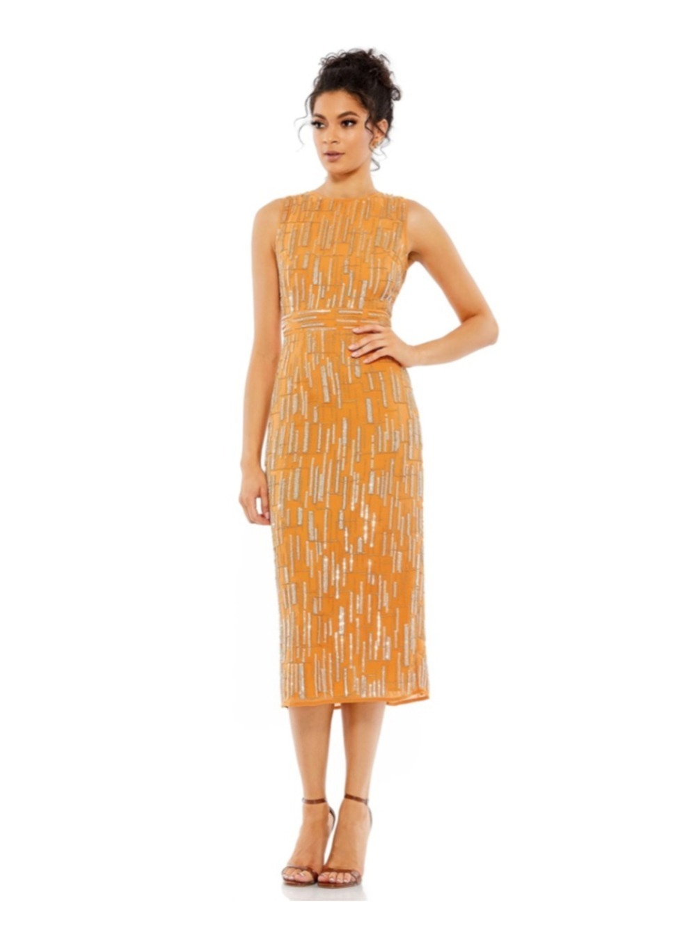 Women's Mac Duggal Orange Silver Beaded Sleeveless Midi Dress Size 4